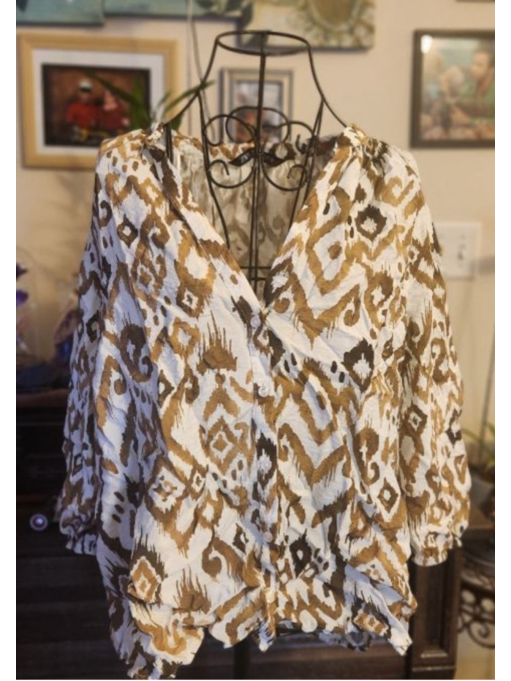 ZARA White & Brown Ikat Print Blouse, Size S